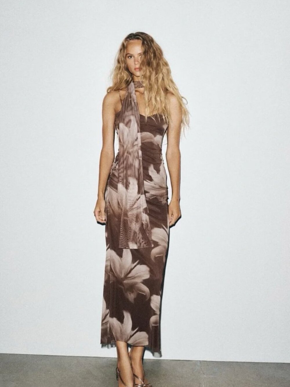 Zara Brown Floral Tulle Midi Dress with Neck Scarf